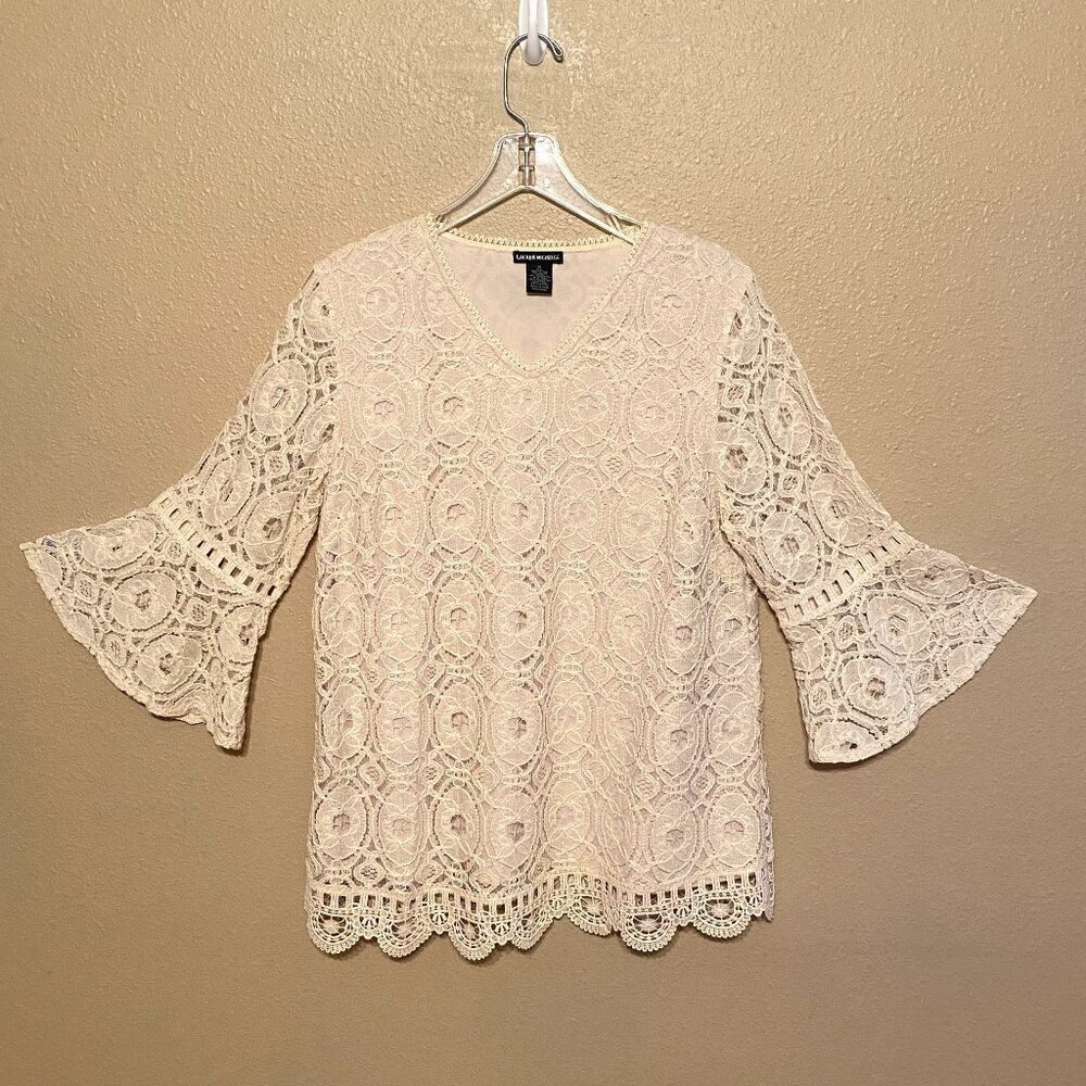 Lauren Michelle Cream Lace V-Neck Top Women’s Medium 3/4 Sleeve Blouse Festive